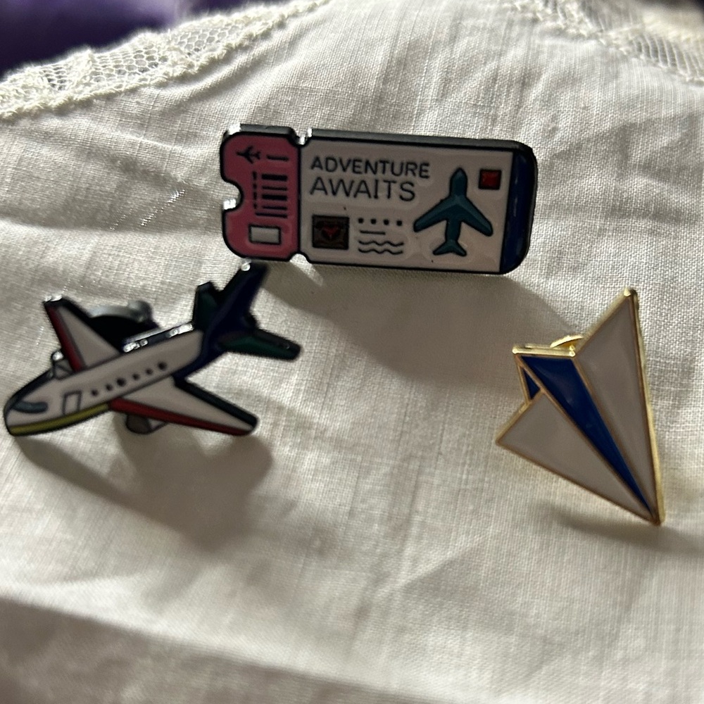 Adventure Awaits Enamel Pin Set Airplane Ticket Paper Airplane all 3 pins